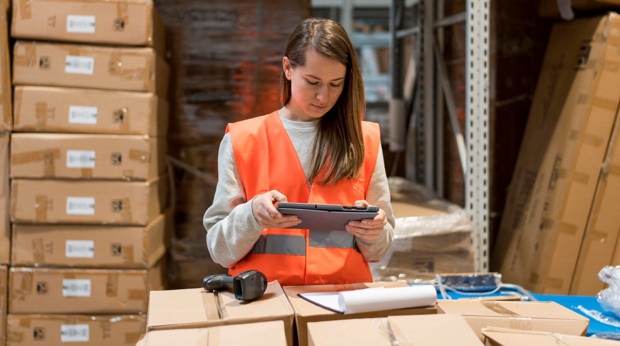 Modern warehouse with organized inventory management system and pallet storage racks