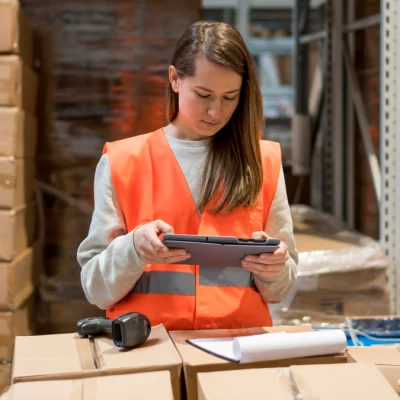 Modern warehouse with organized inventory management system and pallet storage racks